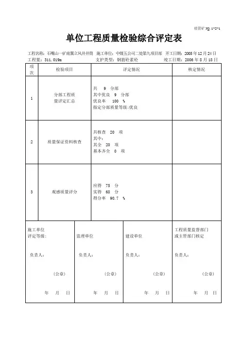 单位工程中间验收综合评定表