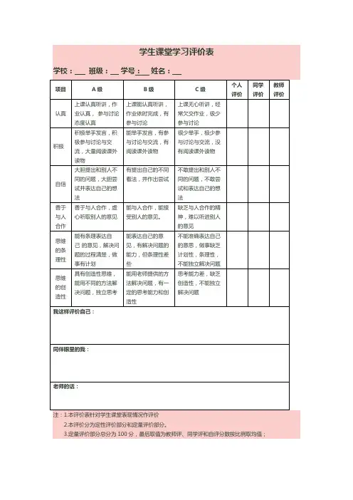 学生课堂学习评价表 2
