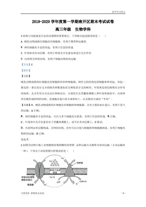 【精准解析】天津市南开区2020届高三上学期期末考试生物试题