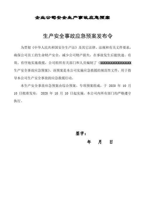 企业公司安全生产事故应急预案