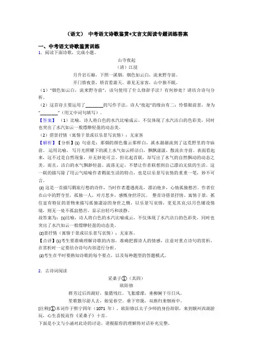 (语文) 中考语文诗歌鉴赏+文言文阅读专题训练答案
