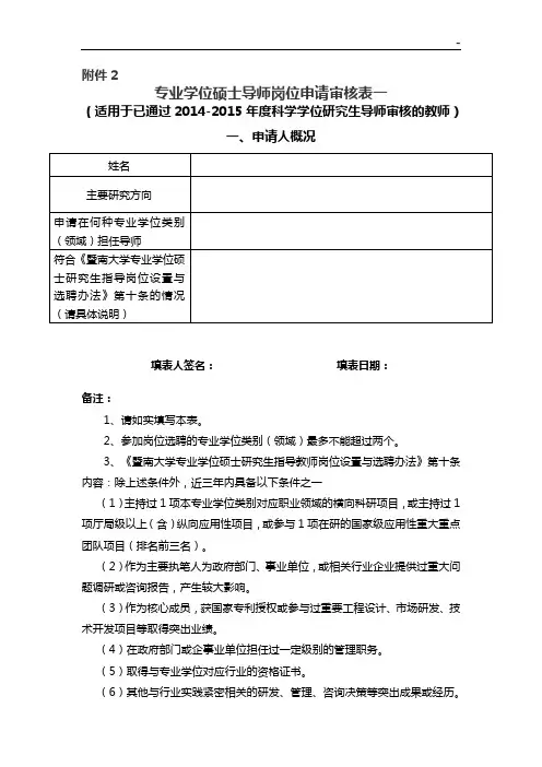专业学位硕士导师岗位申请审核表一
