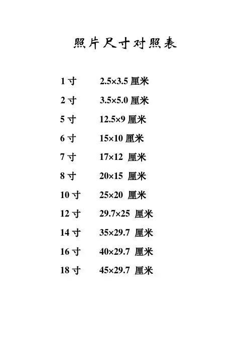 照片尺寸表