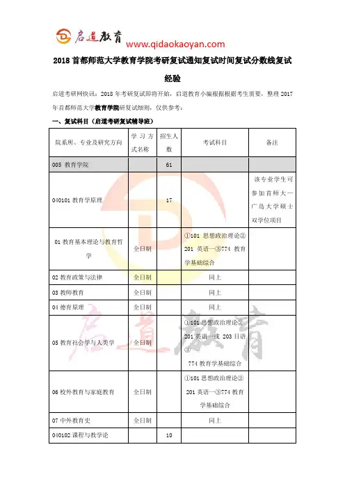 2018首都师范大学教育学院考研复试通知复试时间复试分数线复试经验
