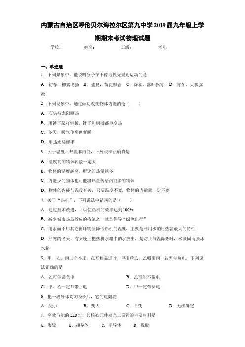 内蒙古自治区呼伦贝尔海拉尔区第九中学2021届九年级上学期期末考试物理试题