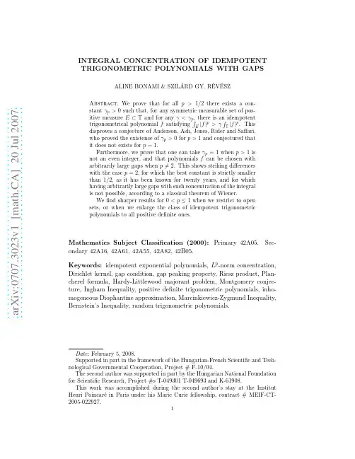 Integral Concentration of idempotent trigonometric polynomials with gaps