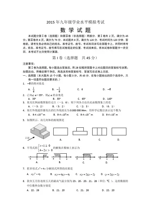 2015年九年级学业水平模拟考试数学试题及答案