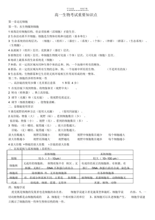 【精编】人教版高中生物必修一知识点整理