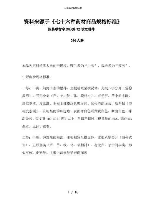 人参商品规格标准