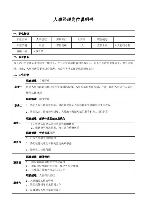 人事经理岗位职责说明书