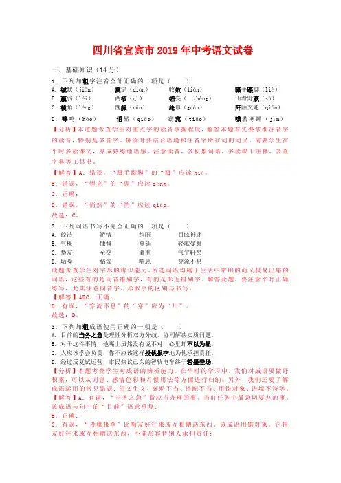 2019年四川省宜宾市中考语文试题-(含解析)