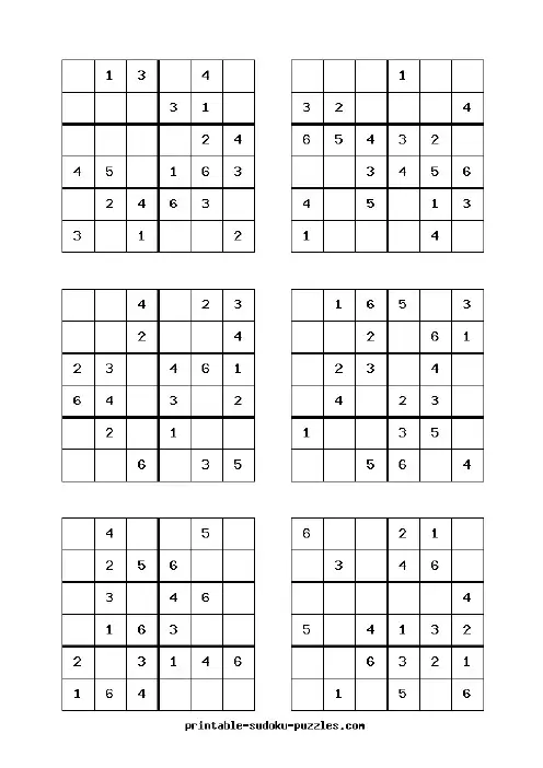六宫格数独练习题可直接打印,每页6题,共26页