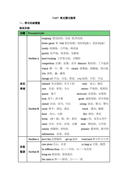 鲁教版五四制英语七年级上册Unit7 单元预习指导