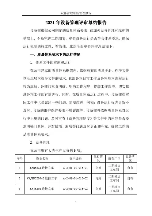 2021设备管理评审总结报告