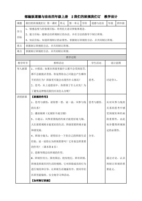 部编新教材四年级道德与法治-2我们的班规我们订  第一课时教案