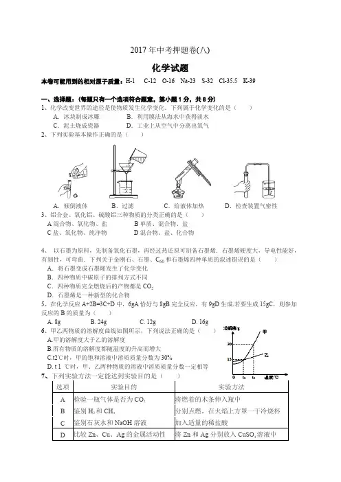 2017年化学中考押题卷(八)