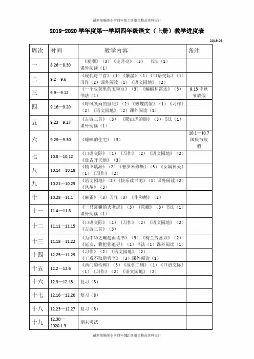 最新部编版小学四年级上册语文人教版四年级上册语文教学进度表