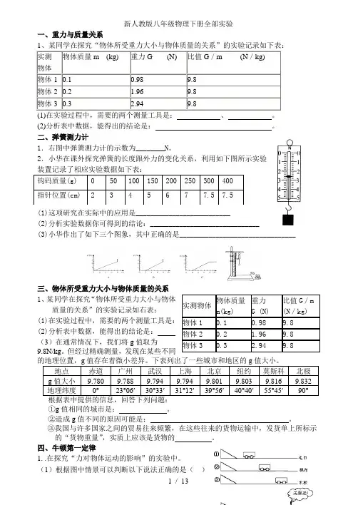 新人教版八年级物理下册全部实验