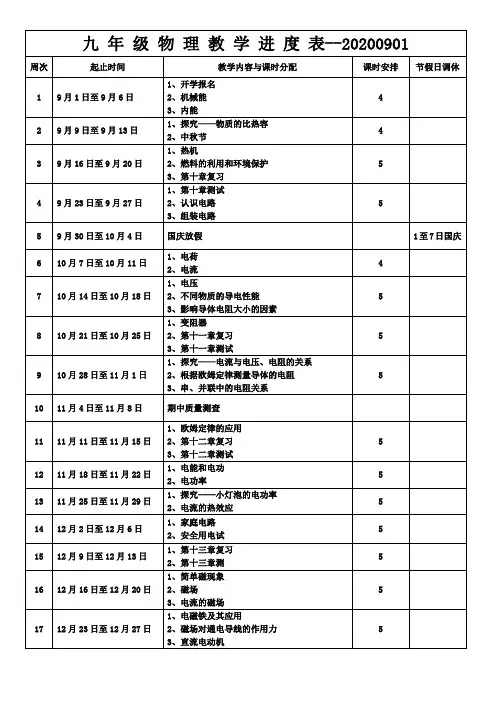 九年级物理教学进度表