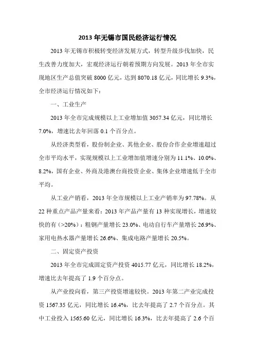 2013年无锡市国民经济运行情况
