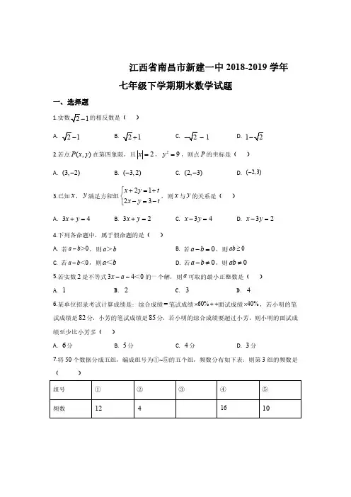 江西省南昌市新建县第一中学2018-2019学年七年级下学期期末考试数学试题(PDF版,含解析)