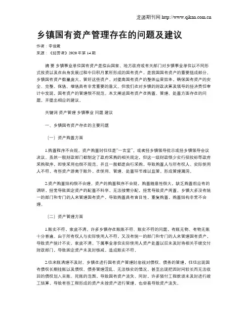 乡镇国有资产管理存在的问题及建议