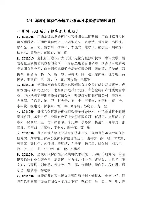 2011年度中国有色金属工业科学技术奖评审通过项目