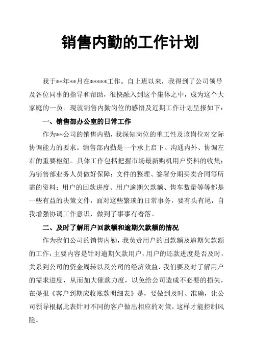销售内勤的工作计划