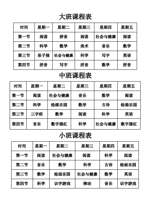 大中小班课程表