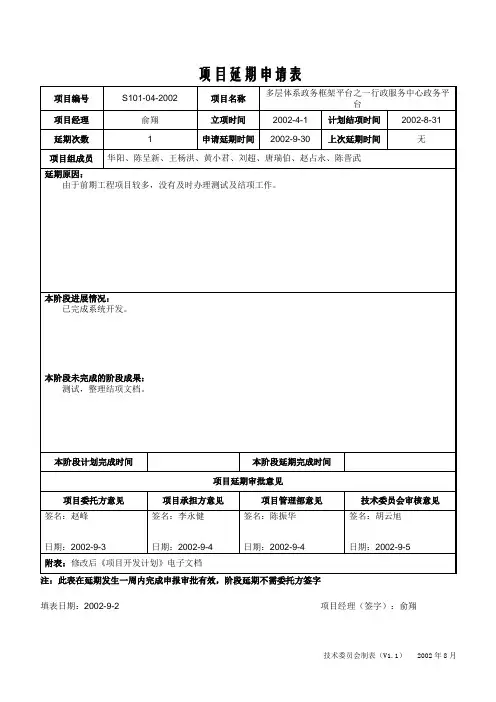 项目延期申请表(样本)