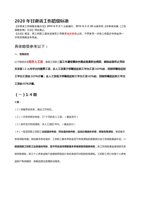 2020年甘肃省工伤赔偿标准