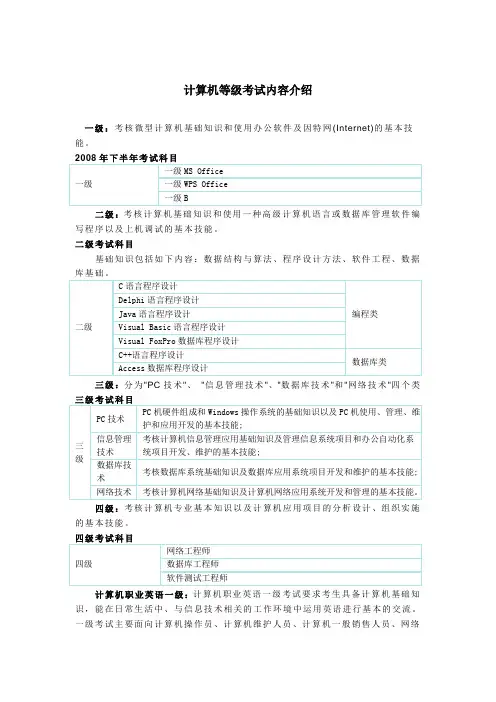 全国计算机等级考试内容介绍
