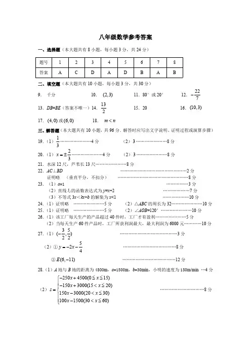 江苏省扬州市江都区2020-2021学年八年级上学期期末测试数学答案