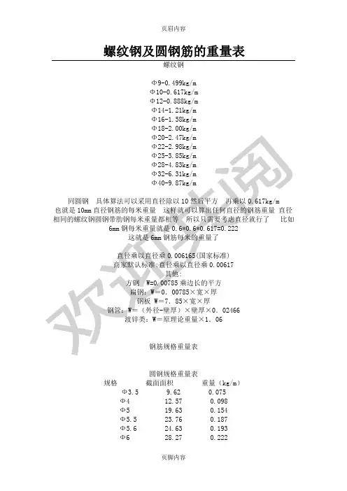 螺纹钢及圆钢筋的重量表