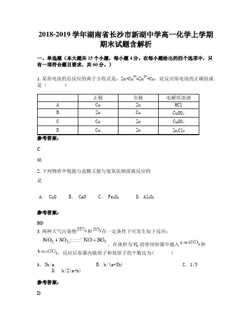 2018-2019学年湖南省长沙市新湖中学高一化学上学期期末试题含解析