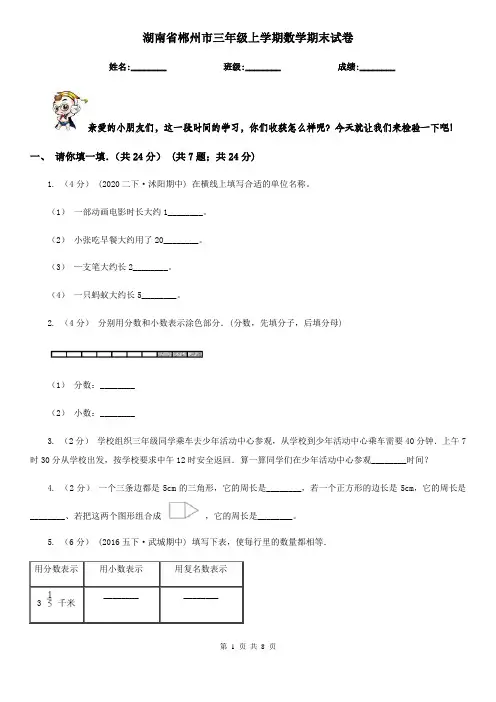 湖南省郴州市三年级上学期数学期末试卷