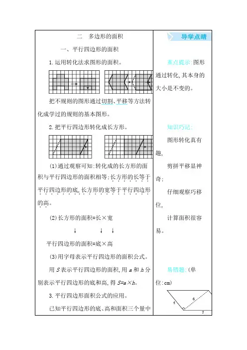 苏教版五年级数学上册第二单元 多边形的面积 知识点汇总