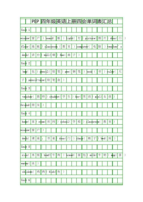 PEP四年级英语上册四会单词表汇总