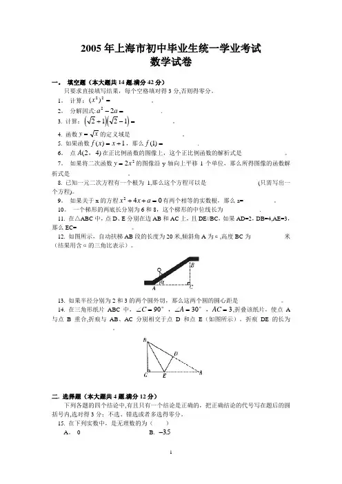 2005年上海中考数学试题及答案