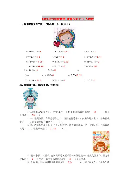 2019年六年级数学 暑假作业十二 人教版