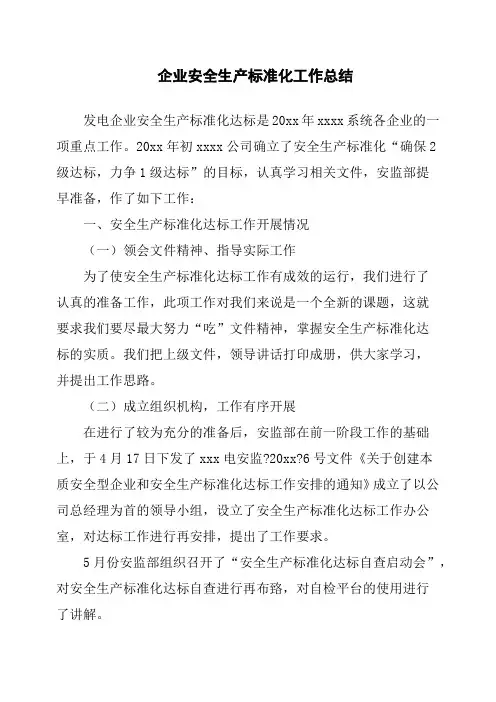 企业安全生产标准化工作总结