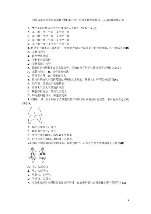 四川省渠县崇德实验学校2020年中考九年级生物专题复习：人体的呼吸练习题(含答案)