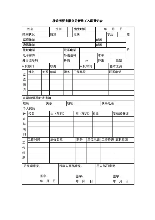 公司新员工入职登记表格