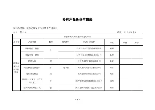 投标产品价格明细表
