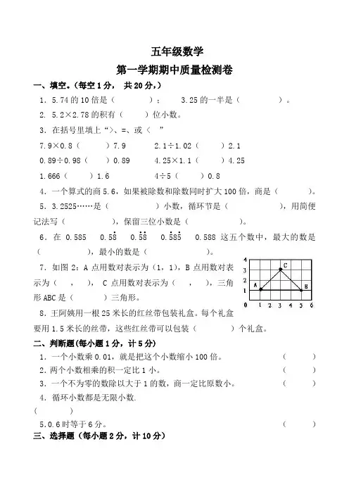 【人教版】2015-2016年五年级上数学期中试卷及答案