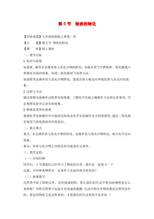 【浙教版】--九年级上册科学2.5《物质的转化》1第一课时优秀教案