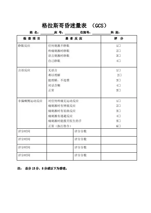 GCS评分表 2