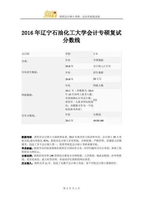 2016年辽宁石油化工大学会计专硕复试分数线