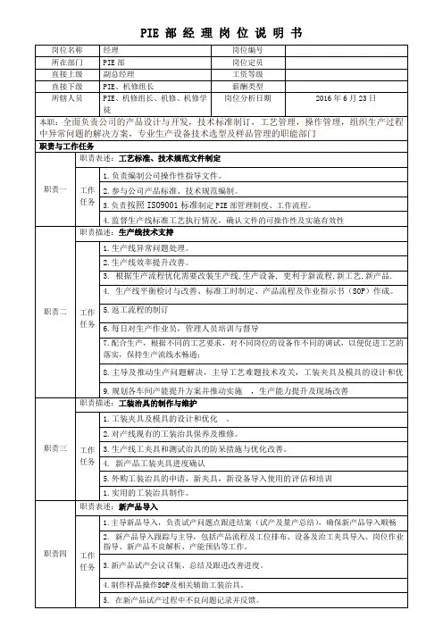 PIE经理岗位说明书
