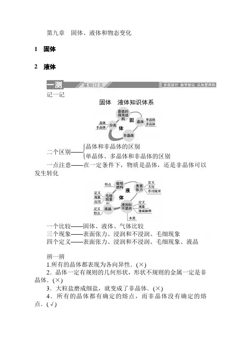 最新人教版高中物理选修3-3：9.1-2固体 液体 知识点总结及课时练习